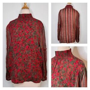 Bl^nk London Womens Anthropologie Blouse Size M‎ Red Mock Neck Floral Peasant